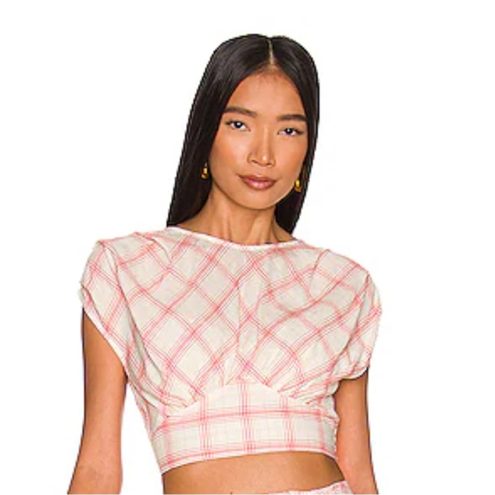 Bailey 44 Kiera Pink and White relaxed fit dolman open back cropped top